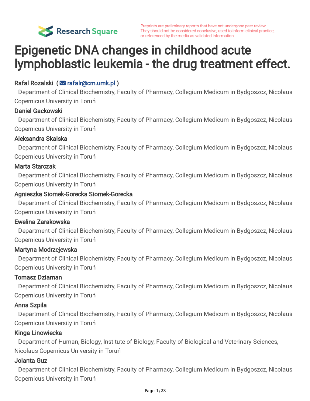 Epigenetic DNA Changes in Childhood Acute Lymphoblastic Leukemia - the Drug Treatment Effect