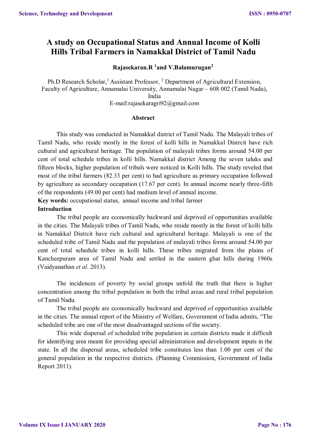 A Study on Occupational Status and Annual Income of Kolli Hills Tribal Farmers in Namakkal District of Tamil Nadu