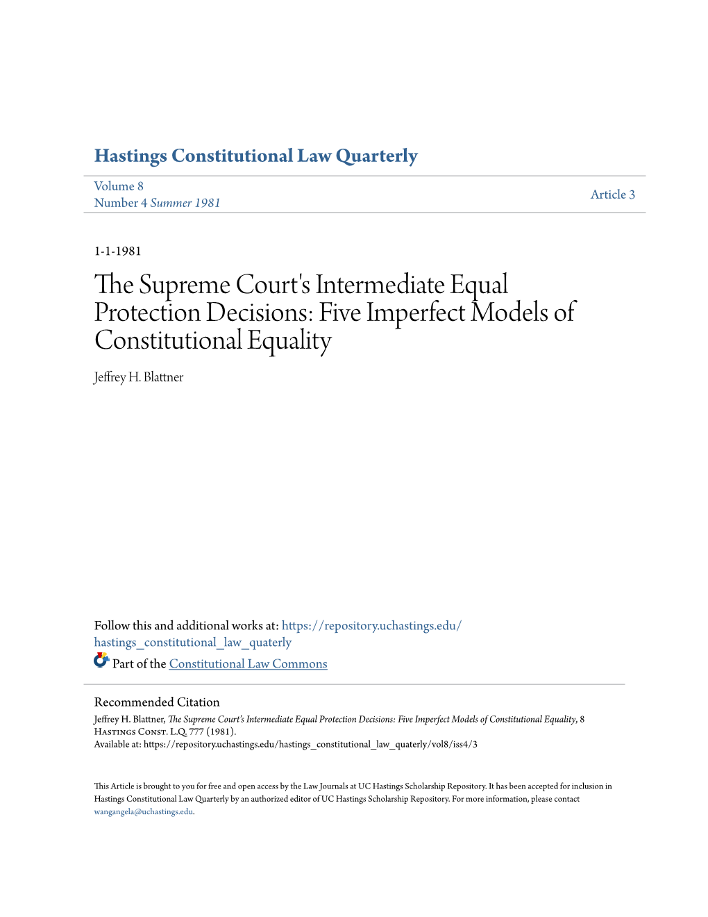 The Supreme Court's Intermediate Equal Protection Decisions: Five Imperfect Models of Constitutional Equality, 8 Hastings Const