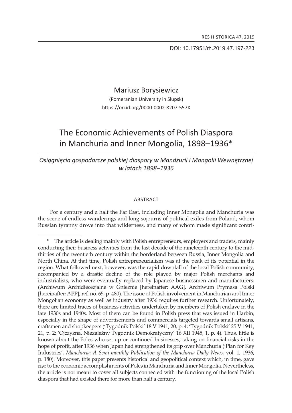 The Economic Achievements of Polish Diaspora in Manchuria and Inner Mongolia, 1898–1936*