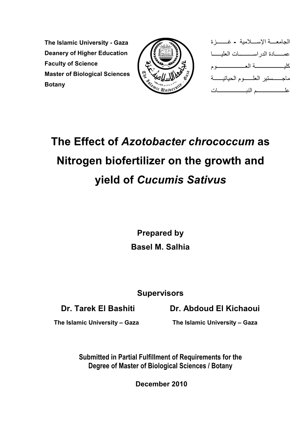 The Effect of Azotobacter Chrococcum As Nitrogen Biofertilizer on the Growth And