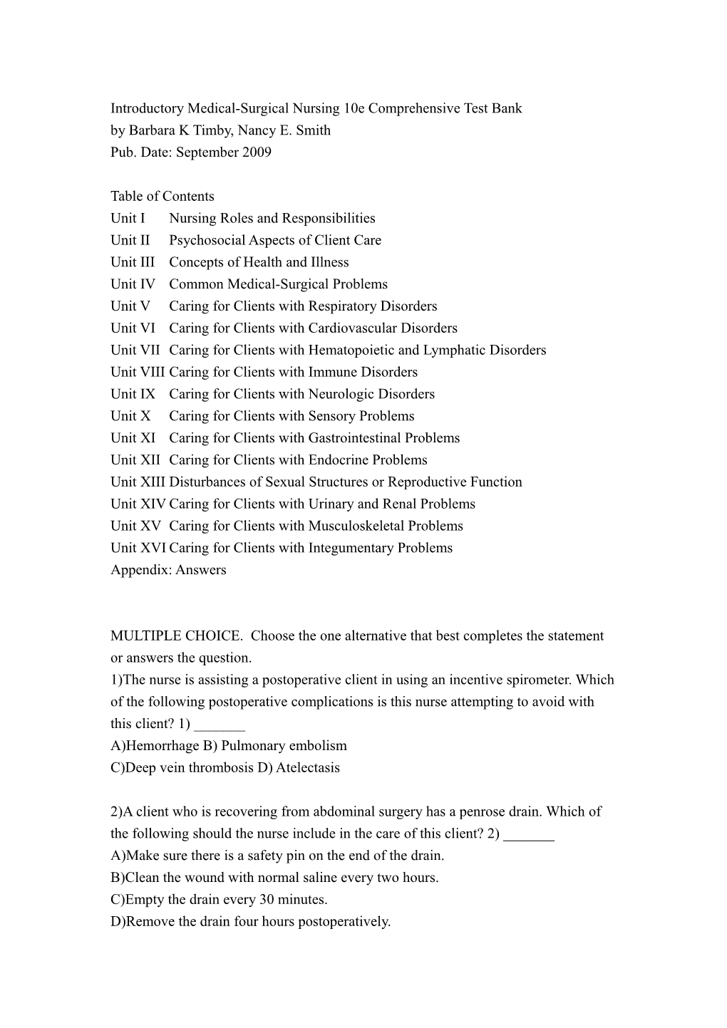 Introductory Medical-Surgical Nursing 10E Comprehensive Test Bank