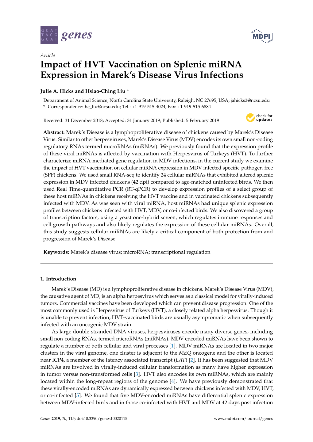 Impact of HVT Vaccination on Splenic Mirna Expression in Marek's