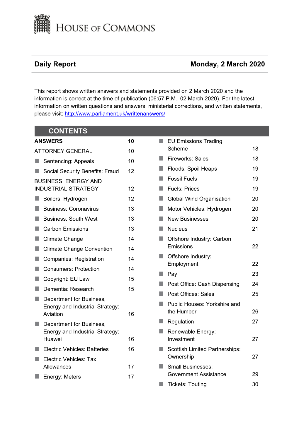 Daily Report Monday, 2 March 2020 CONTENTS