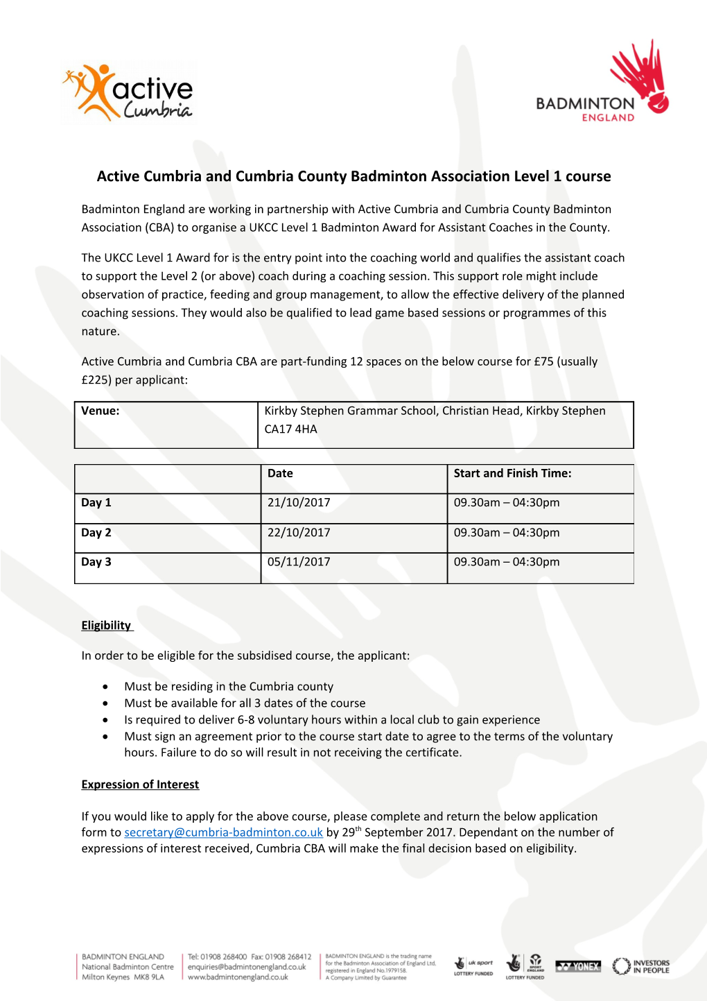 Active Cumbria and Cumbria County Badminton Association Level 1 Course