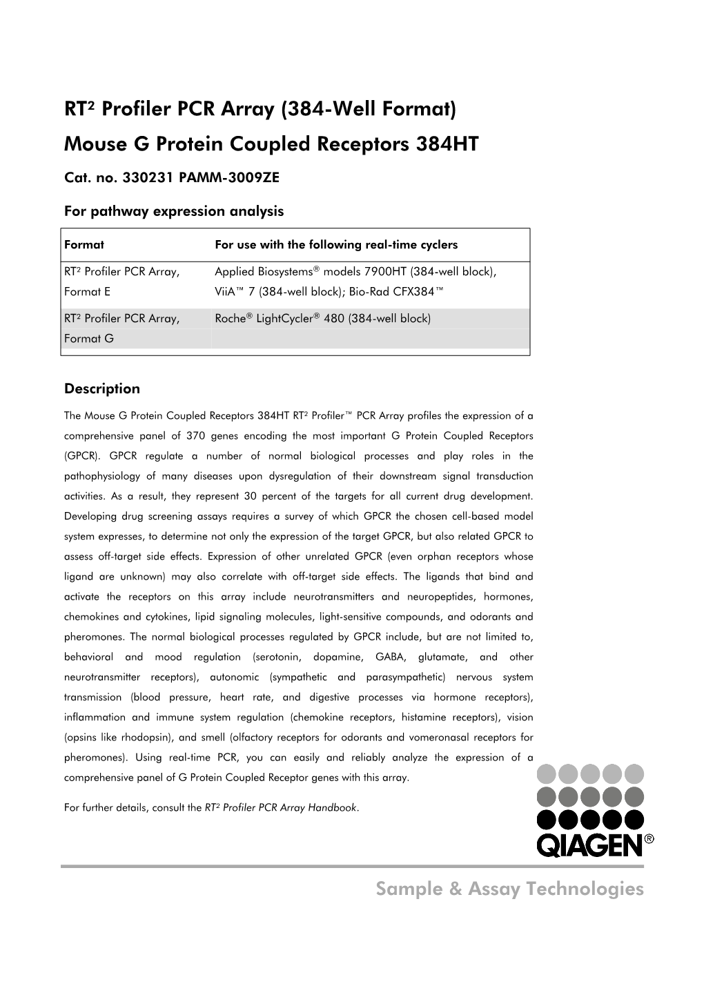 RT² Profiler PCR Array (384-Well Format) Mouse G Protein Coupled Receptors 384HT