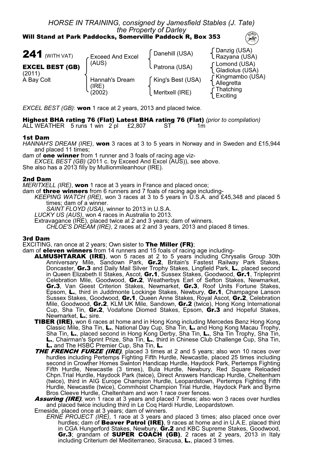 J. Tate) the Property of Darley Will Stand at Park Paddocks, Somerville Paddock R, Box 353