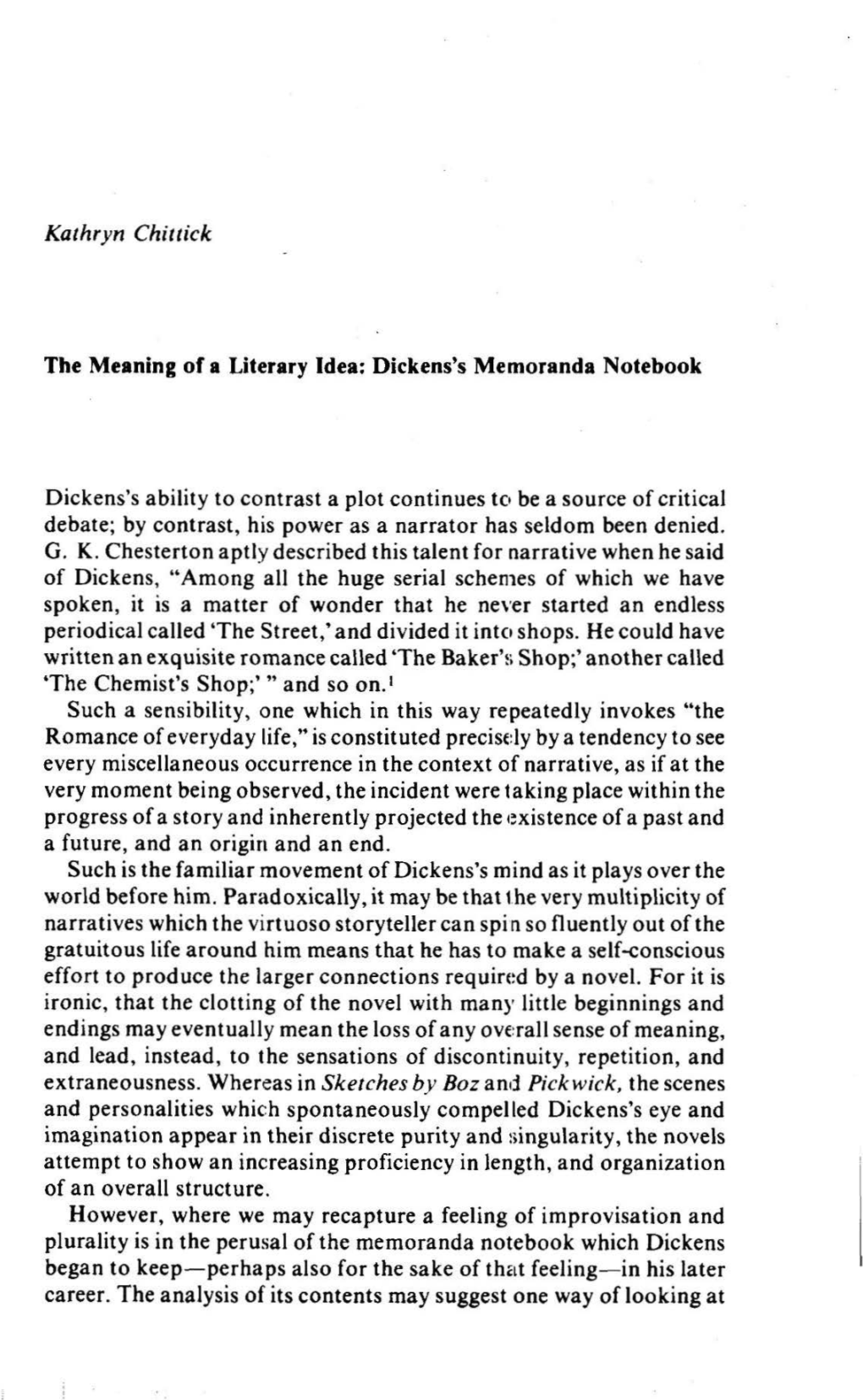 Dickens's Memoranda Notebook Dickens's Ability to Contrast a Plot