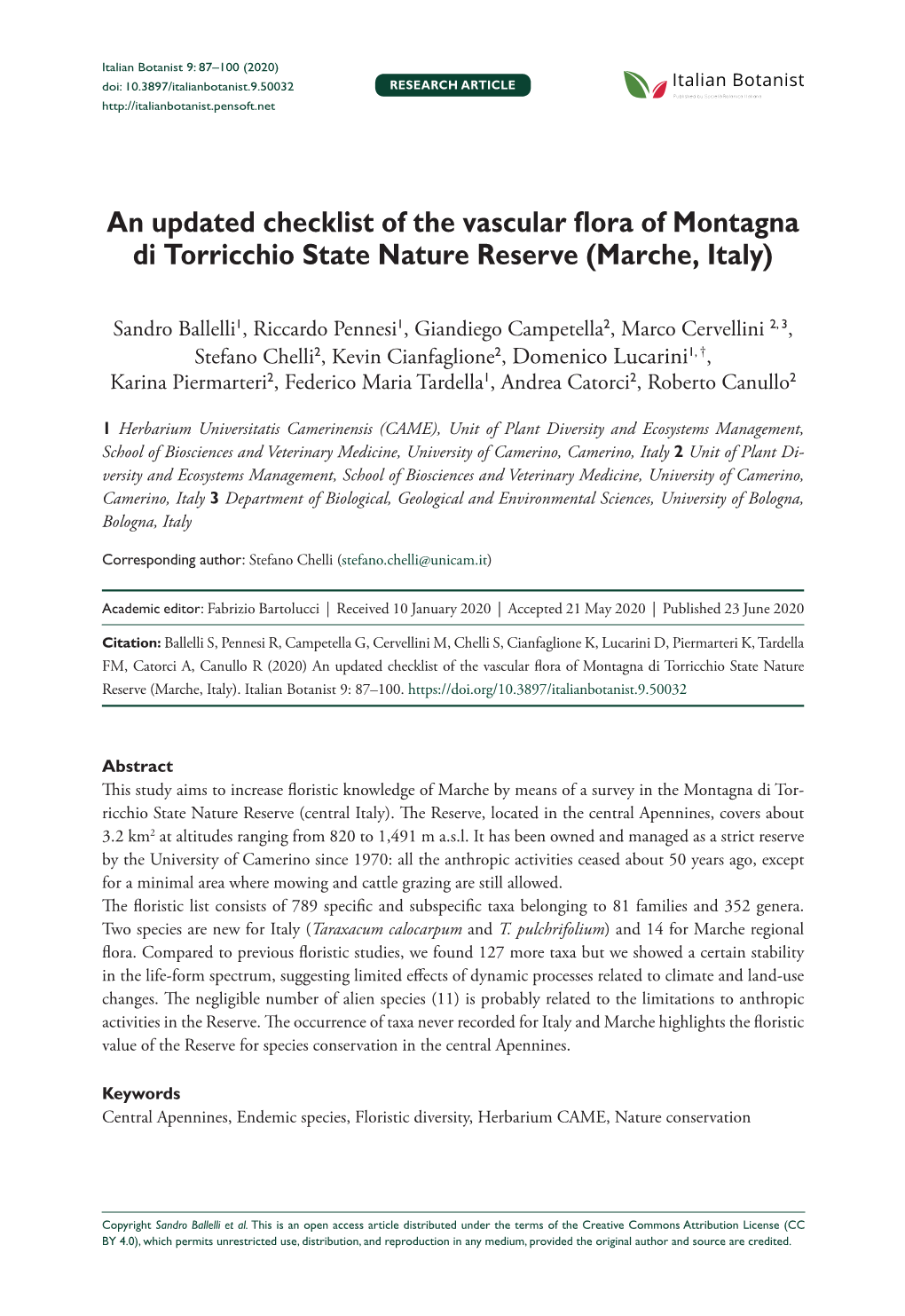 An Updated Checklist of the Vascular Flora of Montagna Di Torricchio State Nature Reserve (Marche, Italy)