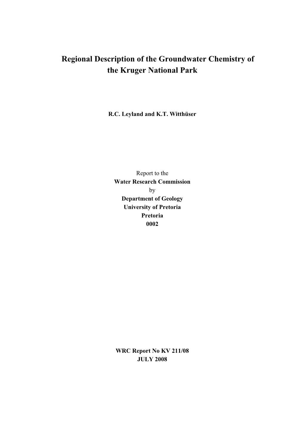 Regional Description of the Groundwater Chemistry of the Kruger National Park