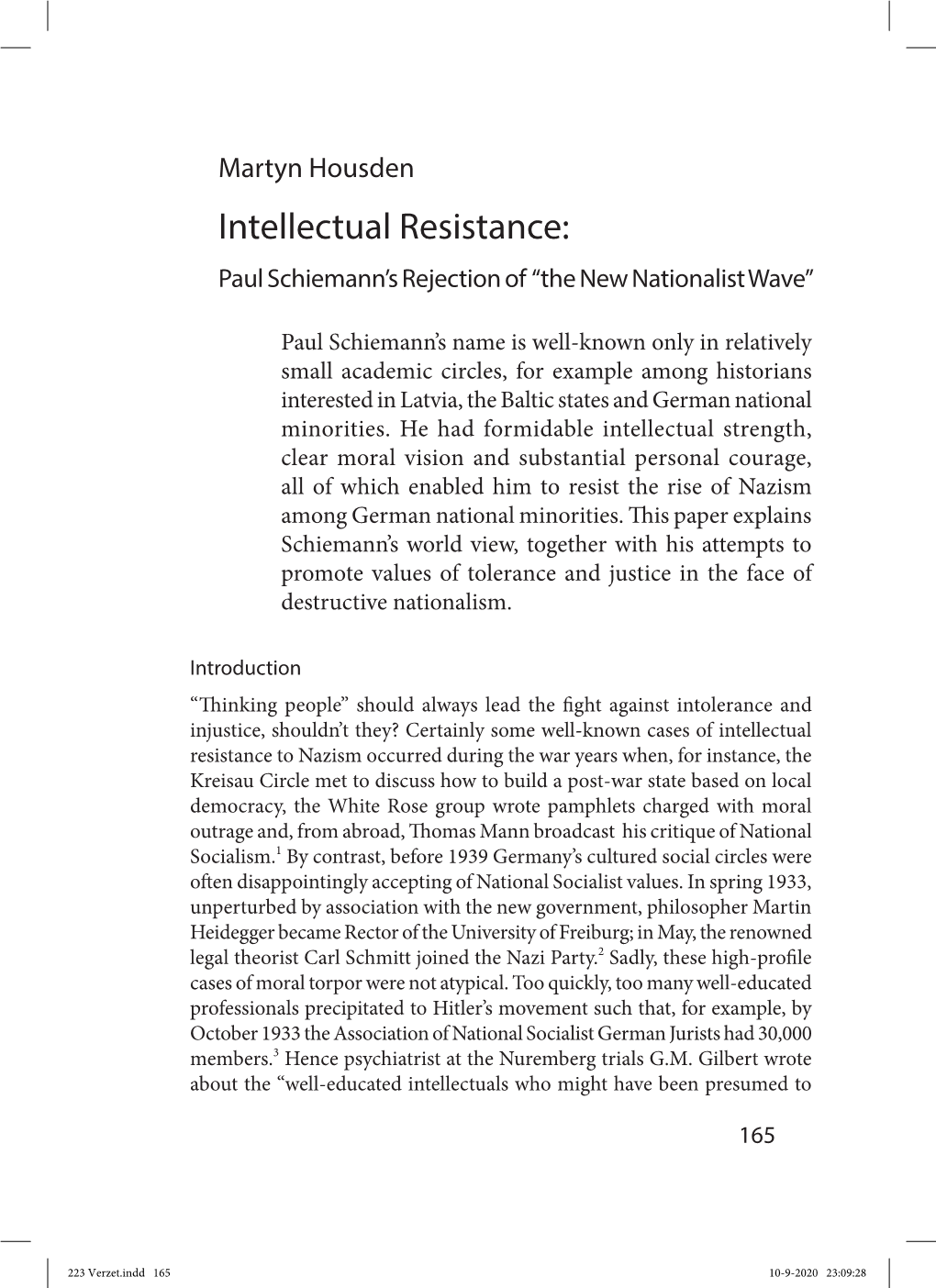 Martyn Housden Intellectual Resistance: Paul Schiemann’S Rejection of “The New Nationalist Wave”