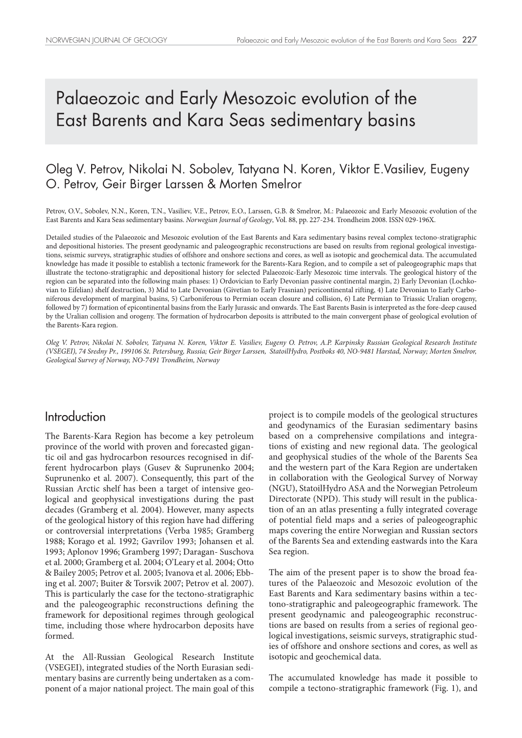 Palaeozoic and Early Mesozoic Evolution of the East Barents and Kara Seas 227