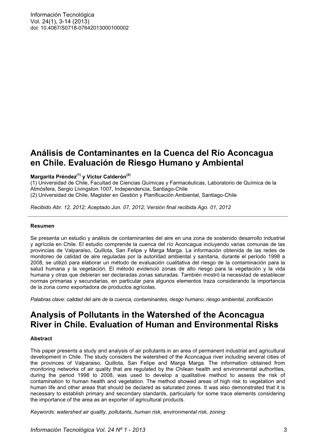 Análisis De Contaminantes En La Cuenca Del Río Aconcagua En Chile. Evaluación De Riesgo Humano Y Ambiental Analysis of Pollut