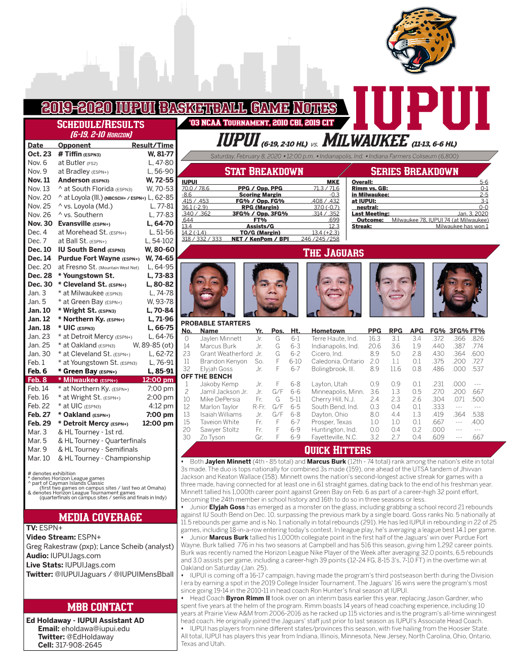 2019-2020 IUPUI Basketball Game Notes Schedule/Results ‘03 NCAA Tournament, 2010 CBI, 2019 CIT (6-19, 2-10 Horizon) Date Opponent Result/Time IUPUI (6-19, 2-10 HL) Vs