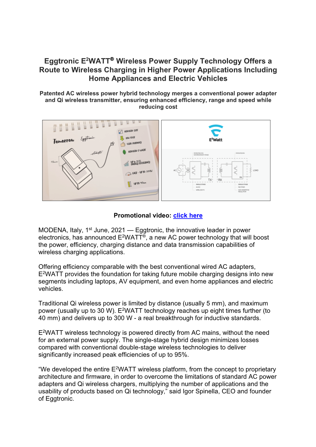 Eggtronic E2WATT Wireless Power Supply Technology Offers a Route