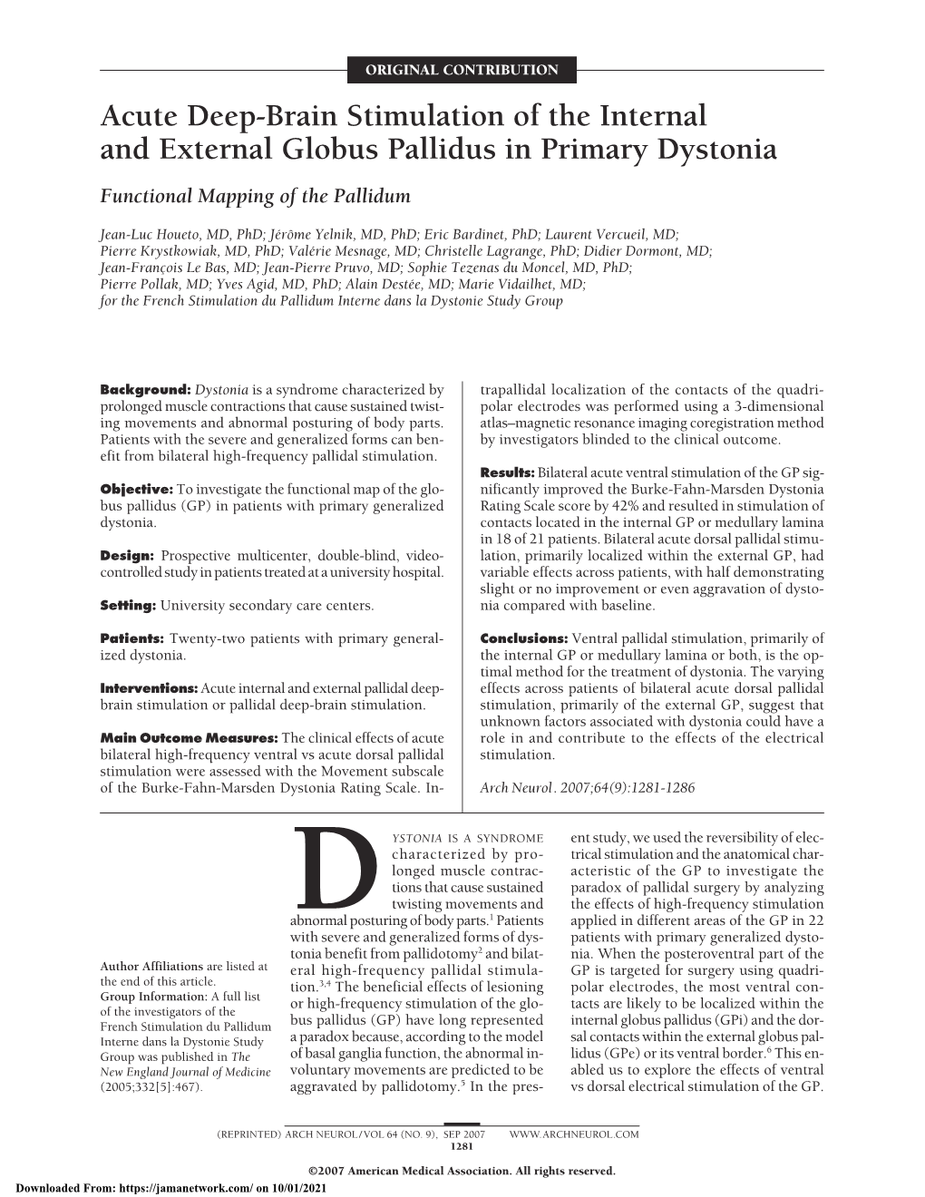 Acute Deep-Brain Stimulation of the Internal and External Globus Pallidus in Primary Dystonia Functional Mapping of the Pallidum