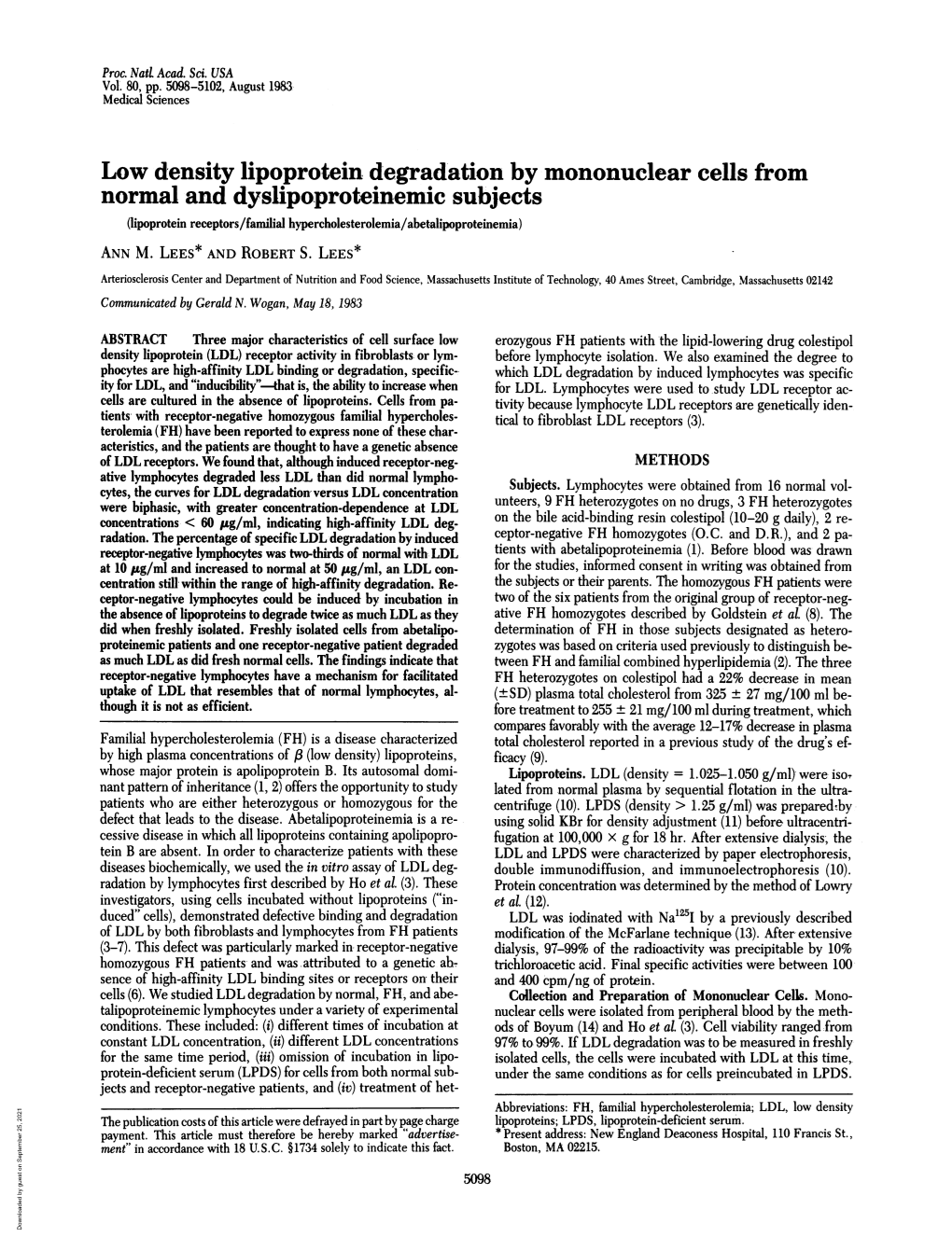 Low Density Lipoprotein Degradation by Mononuclear Cells from Normal