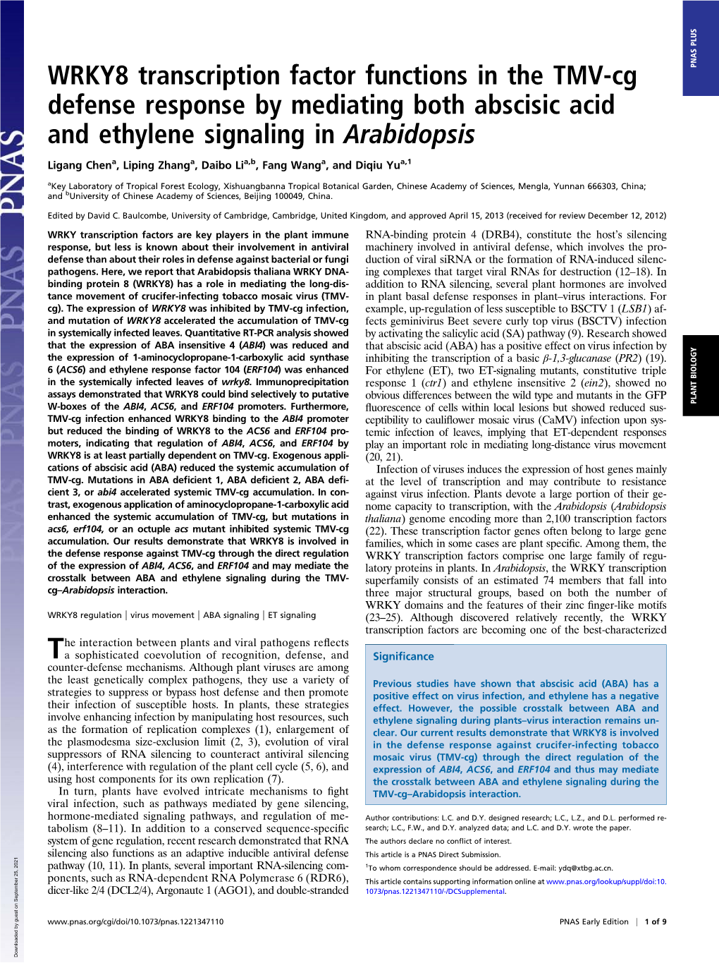 WRKY8 Transcription Factor Functions in the TMV-Cg Defense Response By