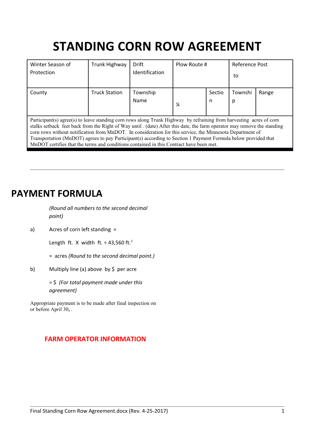 Standing Corn Agreement Form