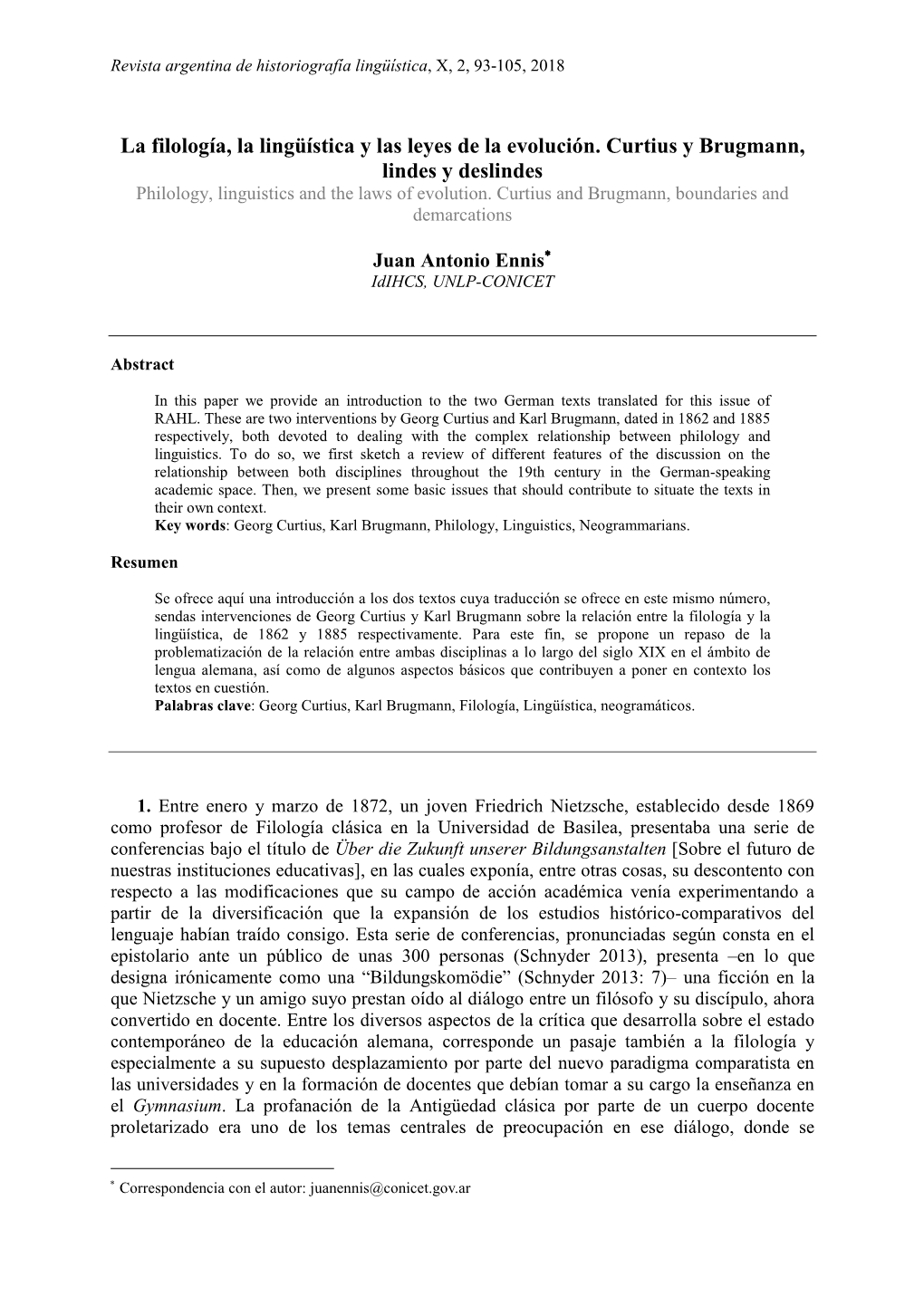 La Filología, La Lingüística Y Las Leyes De La Evolución. Curtius Y Brugmann, Lindes Y Deslindes Philology, Linguistics and the Laws of Evolution