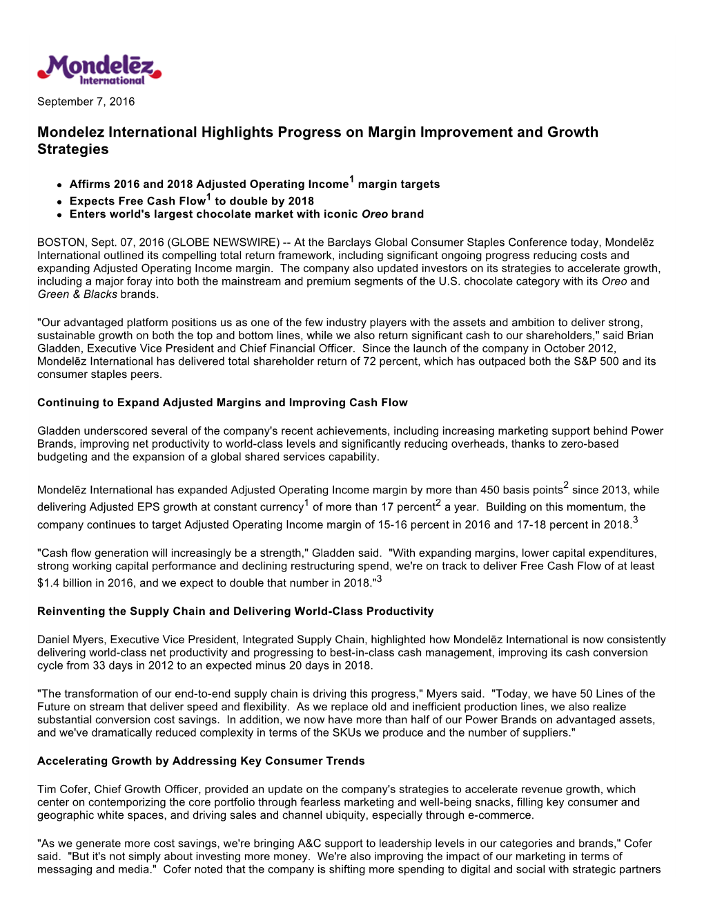 Mondelez International Highlights Progress on Margin Improvement and Growth Strategies