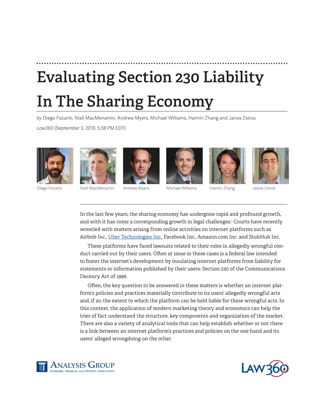Evaluating Section 230 Liability in the Sharing Economy by Diego Focanti, Niall Macmenamin, Andrew Myers, Michael Williams, Haimin Zhang and Janos Zsiros