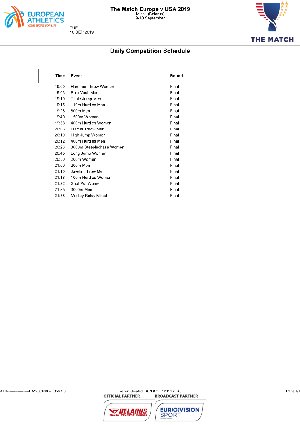 Daily Competition Schedule