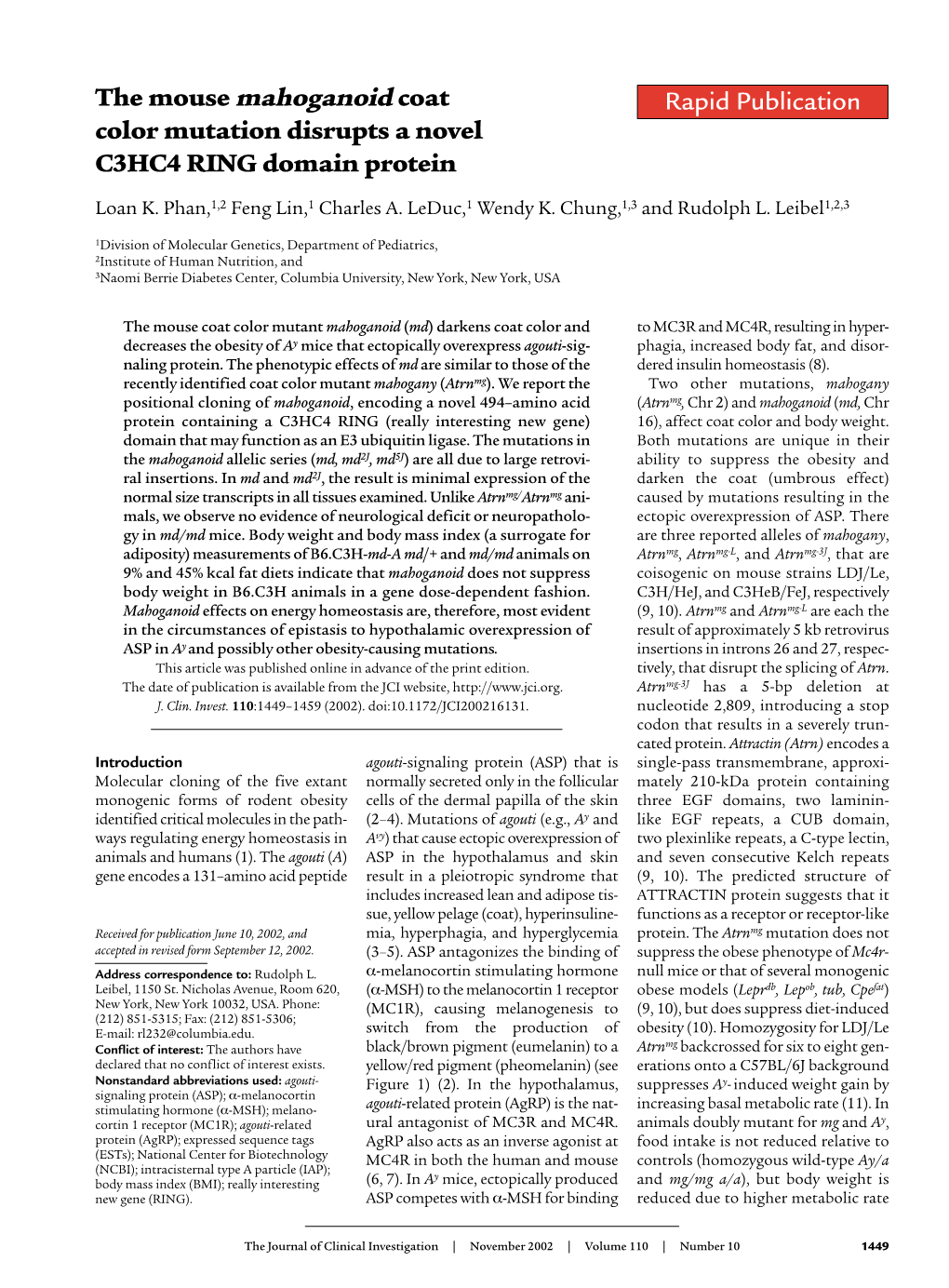 The Mouse Mahoganoid Coat Color Mutation Disrupts a Novel C3HC4