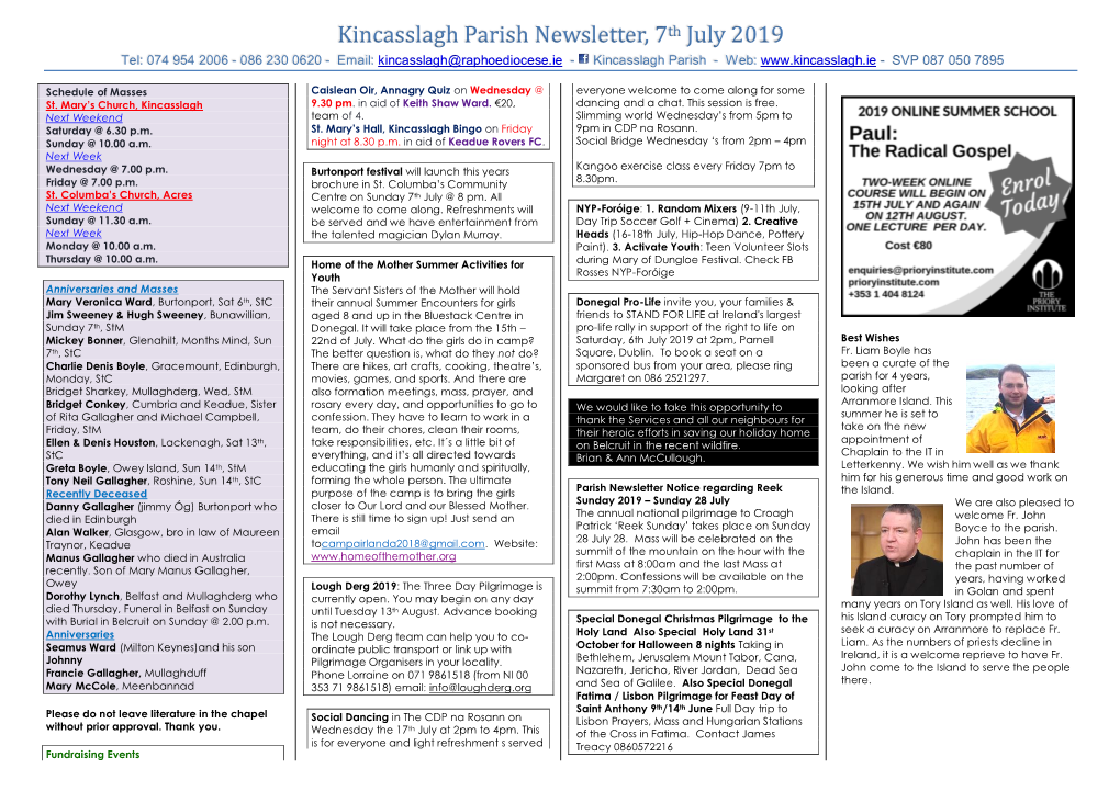 Kincasslagh Parish Newsletter, 7Th July 2019