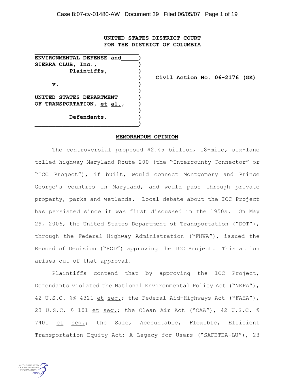 UNITED STATES DISTRICT COURT for the DISTRICT of COLUMBIA ______ENVIRONMENTAL DEFENSE and ) SIERRA CLUB, Inc., ) Plaintiffs, ) ) Civil Action No