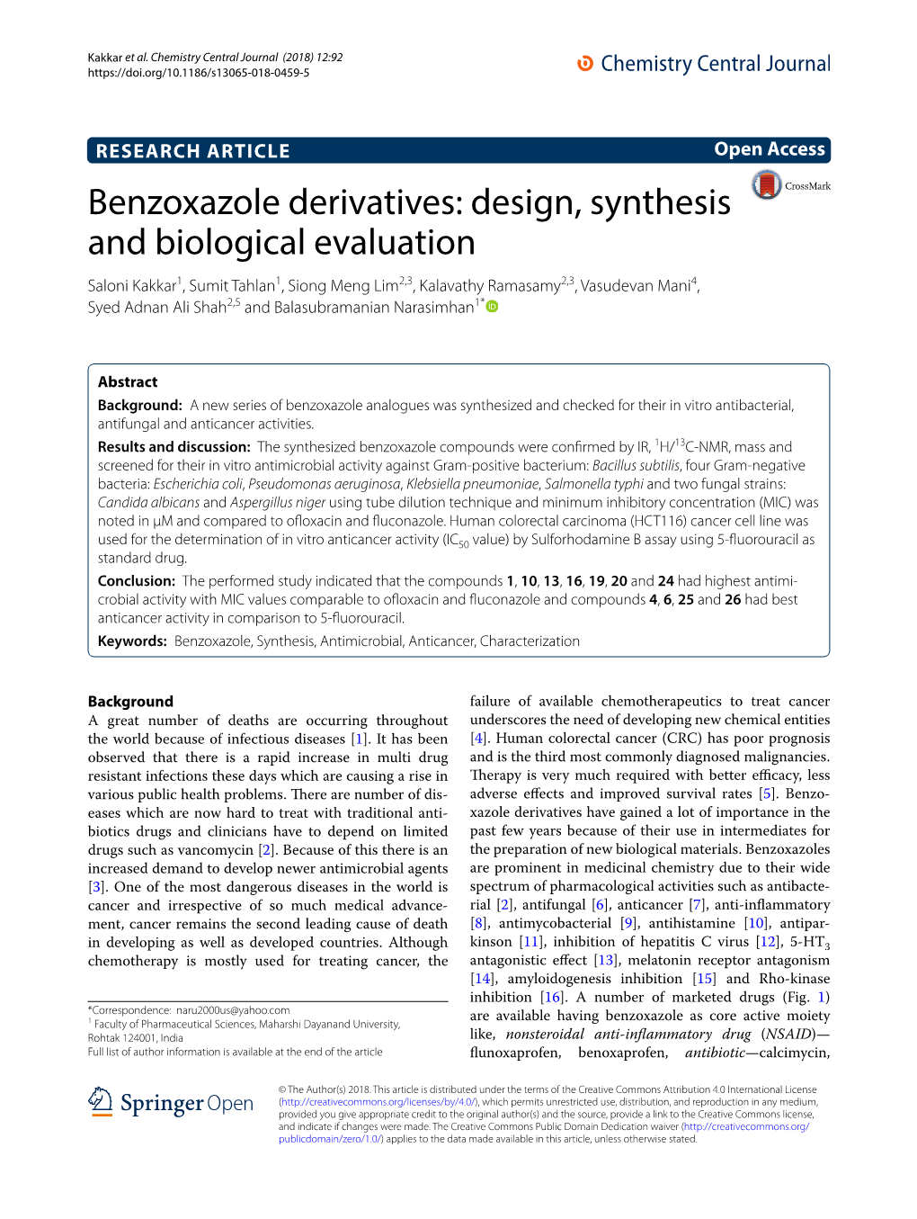 Benzoxazole Derivatives: Design, Synthesis and Biological Evaluation