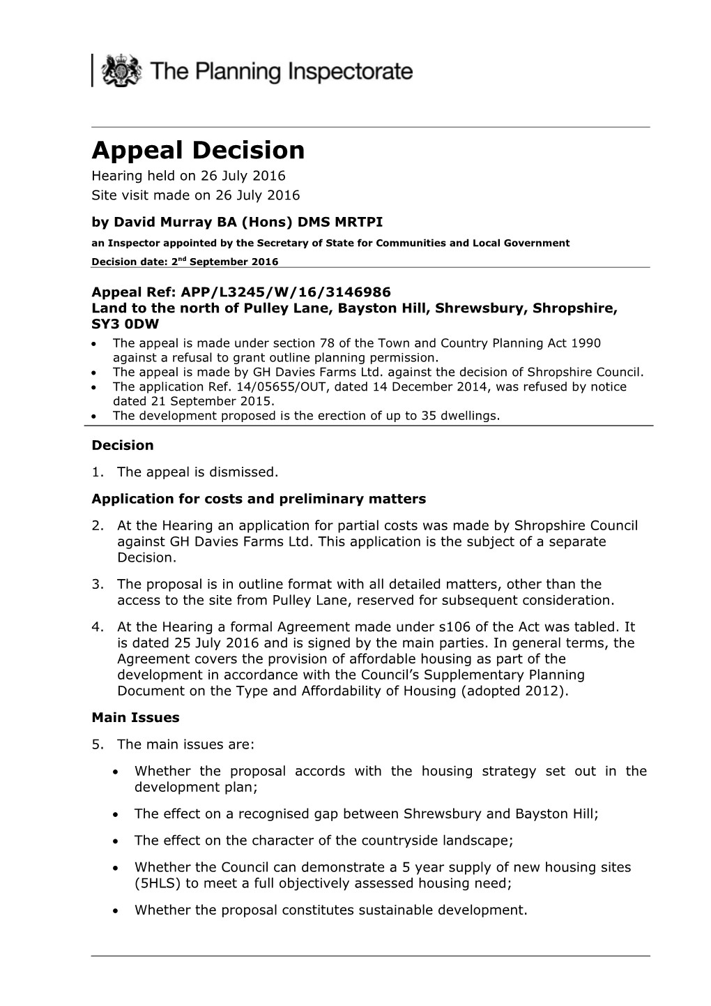 Land to North of Pulley Lane Bayston Hill Appeal