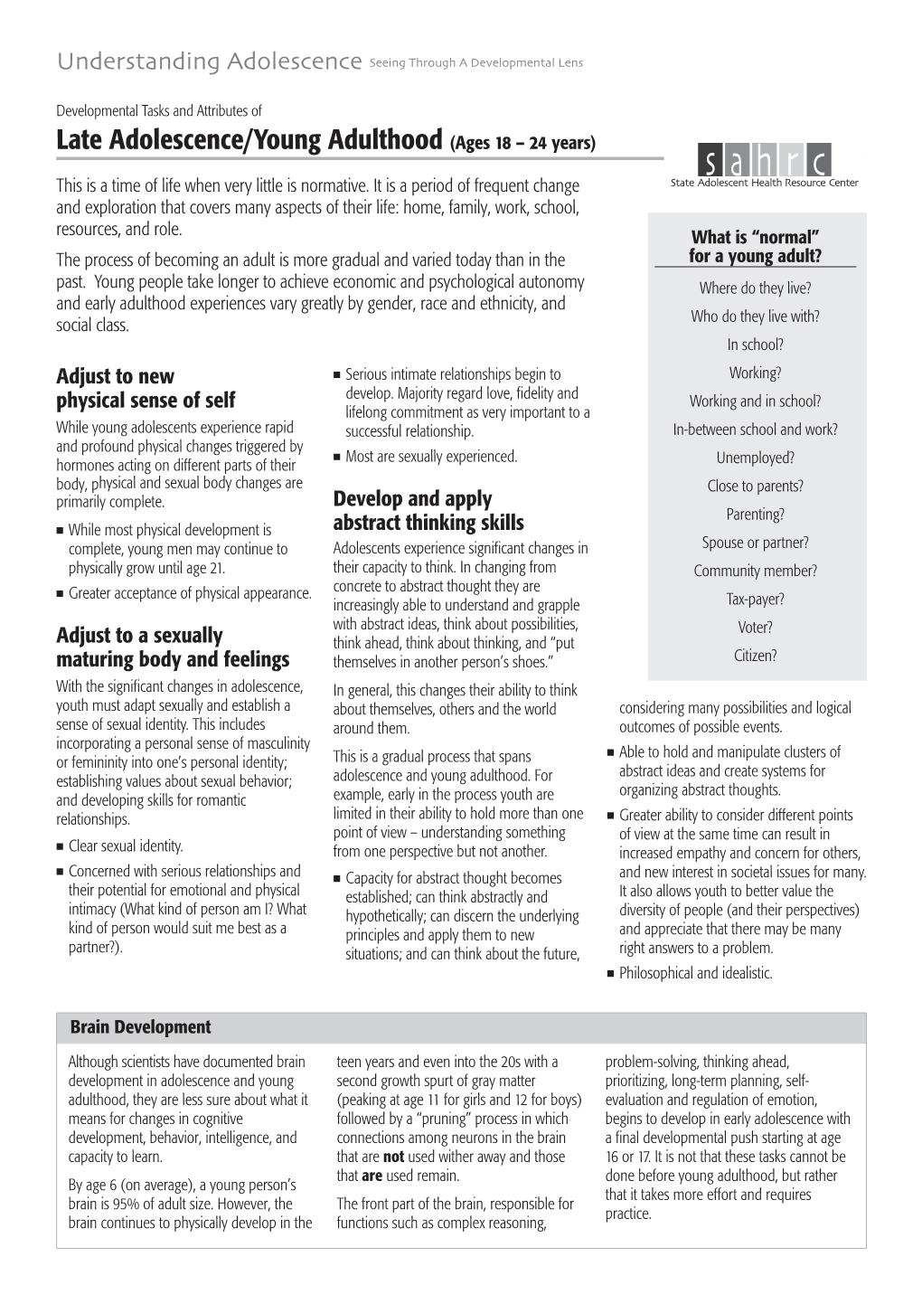 Late Adolescence/Young Adulthood (Ages 18 – 24 Years)