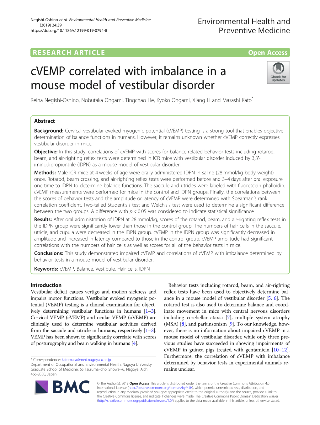 Cvemp Correlated with Imbalance in a Mouse Model of Vestibular Disorder Reina Negishi-Oshino, Nobutaka Ohgami, Tingchao He, Kyoko Ohgami, Xiang Li and Masashi Kato*