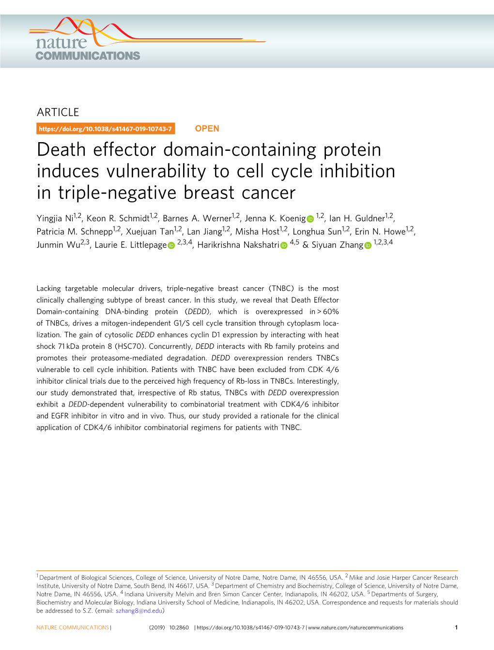 Death Effector Domain-Containing Protein Induces Vulnerability to Cell Cycle Inhibition in Triple-Negative Breast Cancer