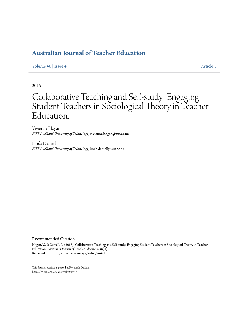 Collaborative Teaching and Self-Study: Engaging Student Teachers in Sociological Theory in Teacher Education