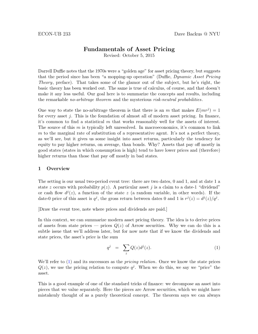 Fundamentals of Asset Pricing Revised: October 5, 2015