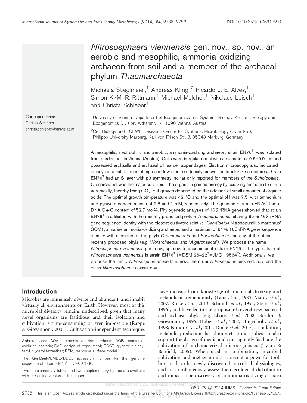 Nitrososphaera Viennensis Gen. Nov., Sp. Nov., an Aerobic and Mesophilic, Ammonia-Oxidizing Archaeon from Soil and a Member of the Archaeal Phylum Thaumarchaeota