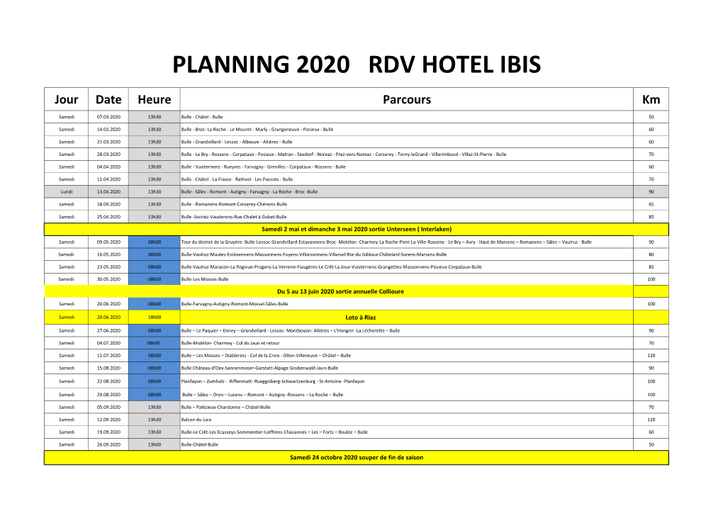 Planning 2020 Rdv Hotel Ibis