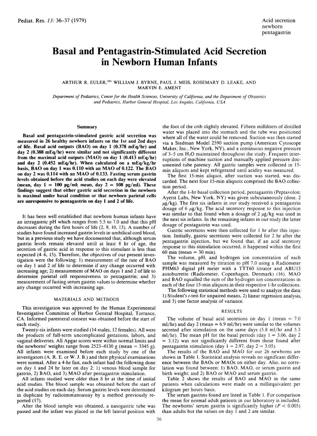 Basal and Pentagastrin-Stimulated Acid Secretion in Newborn Human Infants