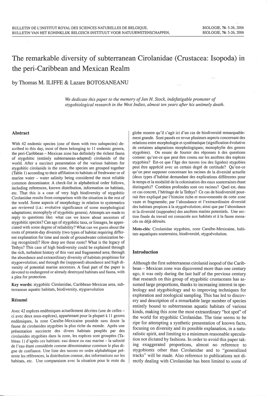 The Remarkable Diversity of Subterranean Cirolanidae (Crustacea: Isopoda) in the Peri -Caribbean and Mexican Realm