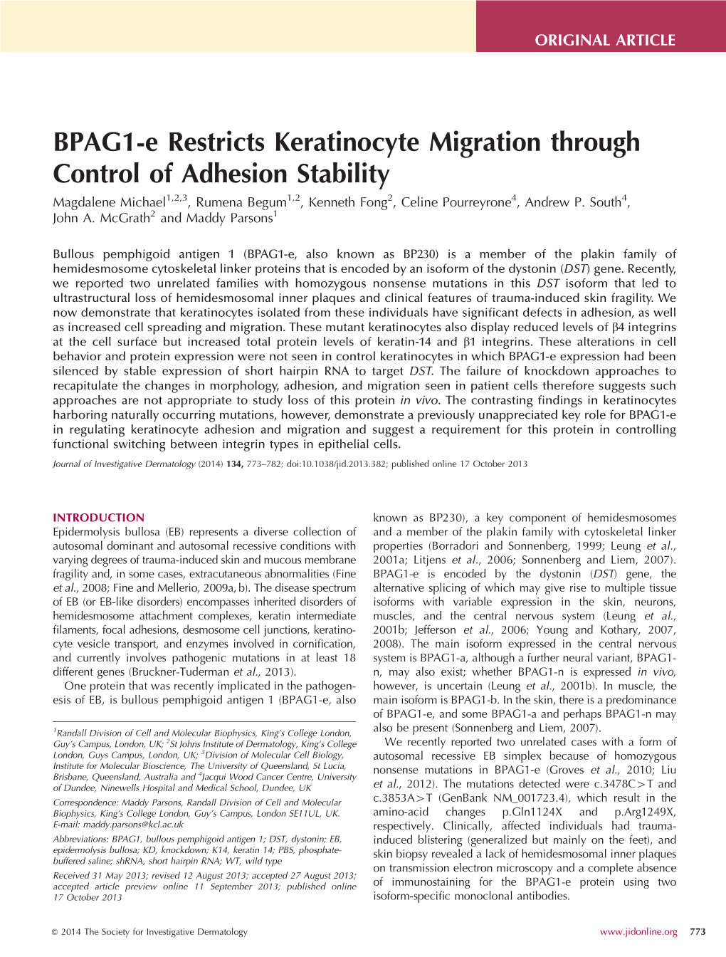 BPAG1-E Restricts Keratinocyte Migration Through Control Of