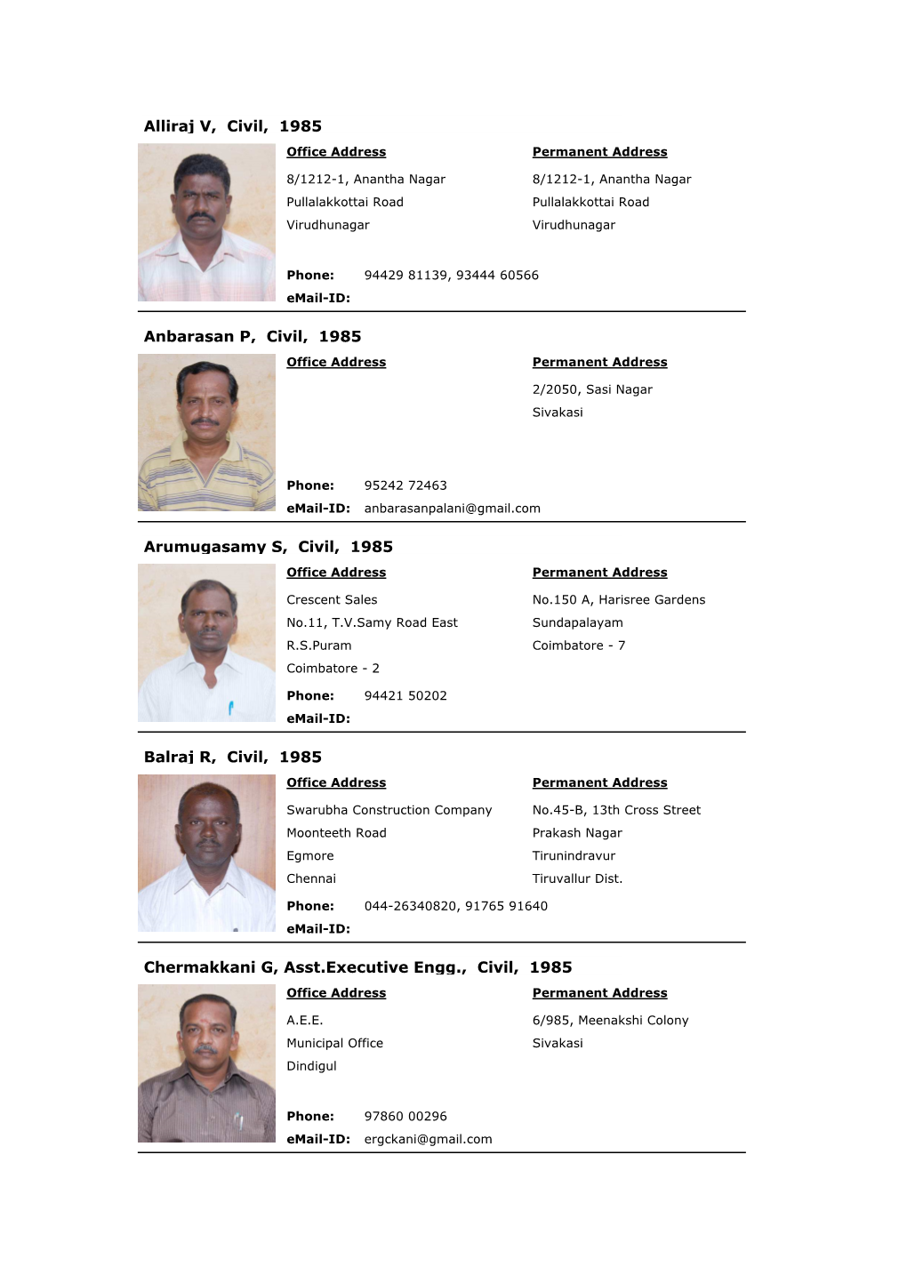 Alliraj V, Civil, 1985 Anbarasan P, Civil, 1985 Arumugasamy S, Civil