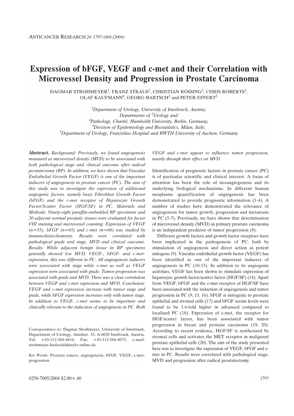 Expression of Bfgf, VEGF and C-Met and Their Correlation with Microvessel Density and Progression in Prostate Carcinoma