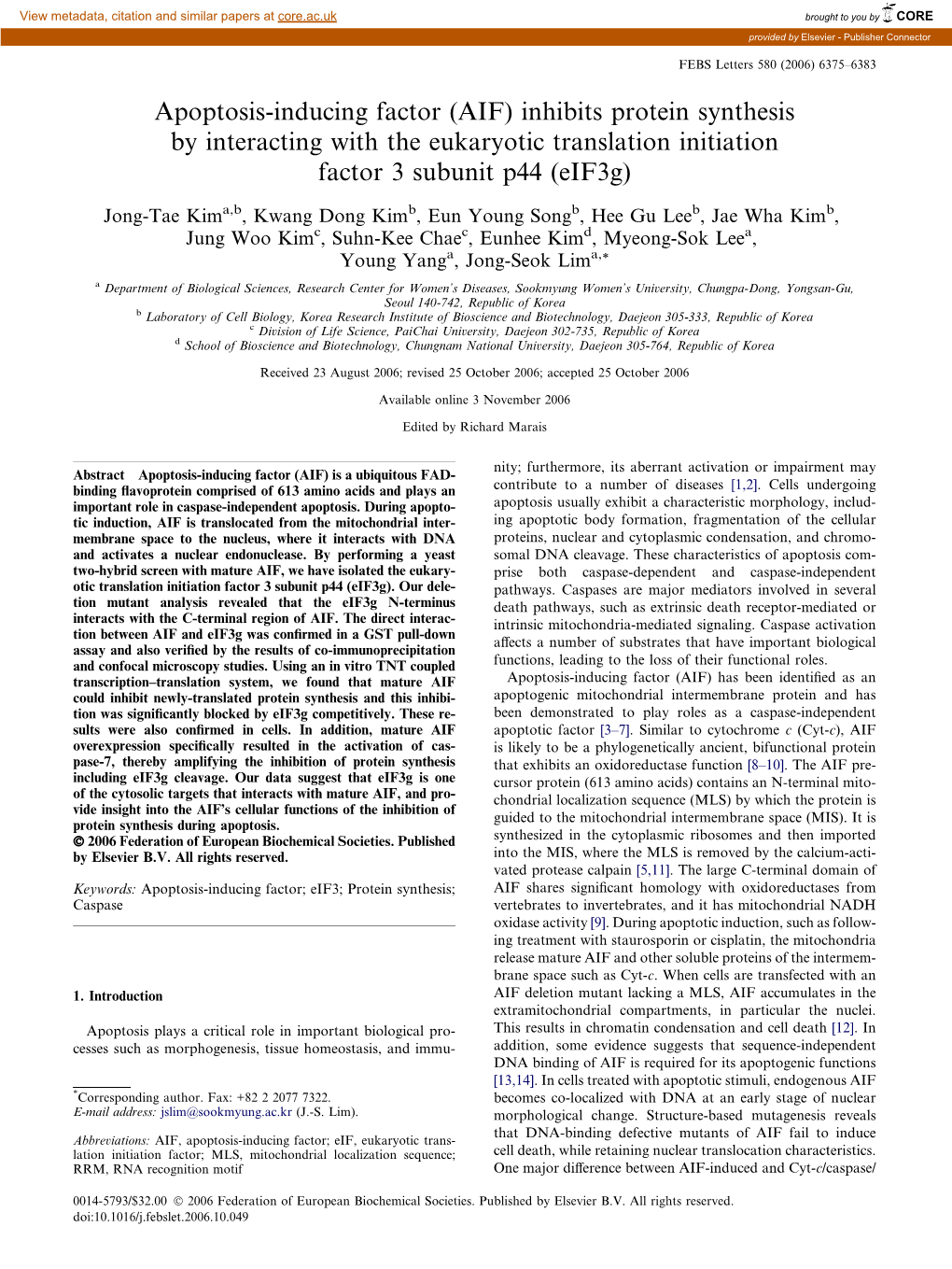 Apoptosis-Inducing Factor (AIF) Inhibits Protein Synthesis by Interacting with the Eukaryotic Translation Initiation Factor 3 Subunit P44 (Eif3g)