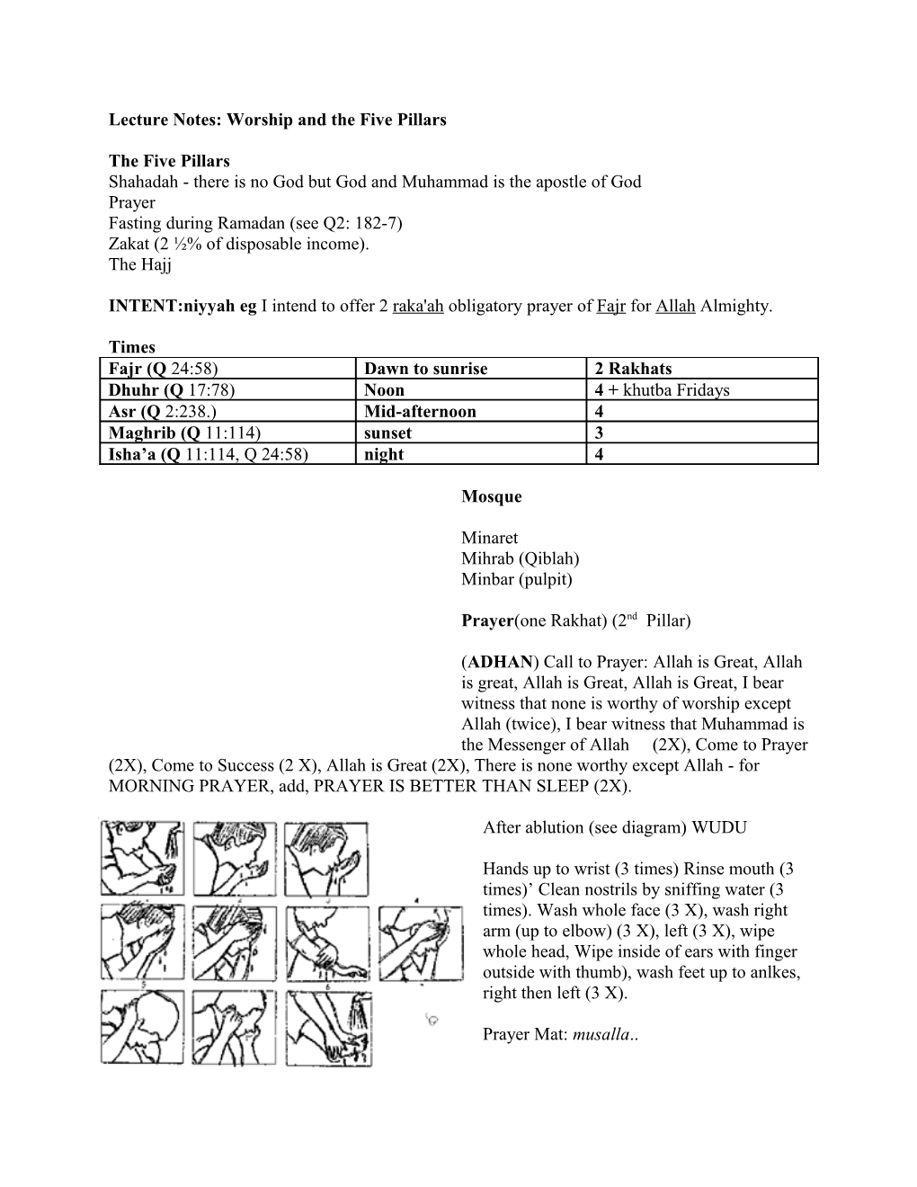 Lecture Notes: Worship and the Five Pillars