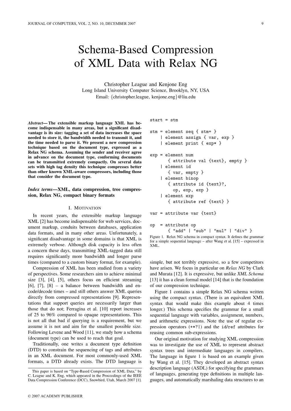 Schema-Based Compression of XML Data with Relax NG