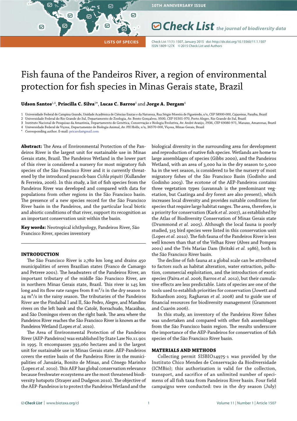 Fish Fauna of the Pandeiros River, a Region of Environmental Protection for Fish Species in Minas Gerais State, Brazil