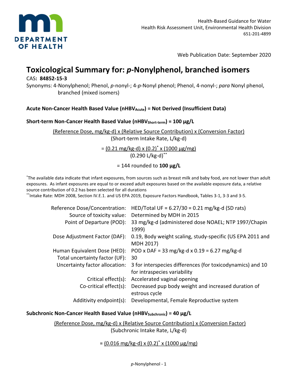 Toxicological Summary for P-Nonylphenol, Branched Isomers