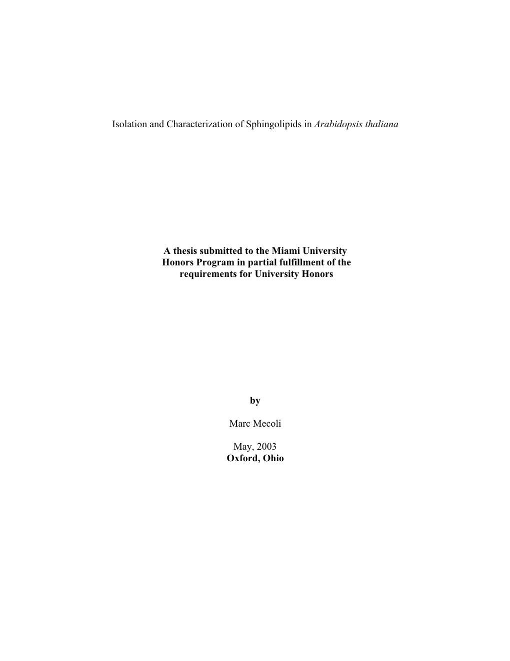 Isolation and Characterization of Sphingolipids in Arabidopsis Thaliana